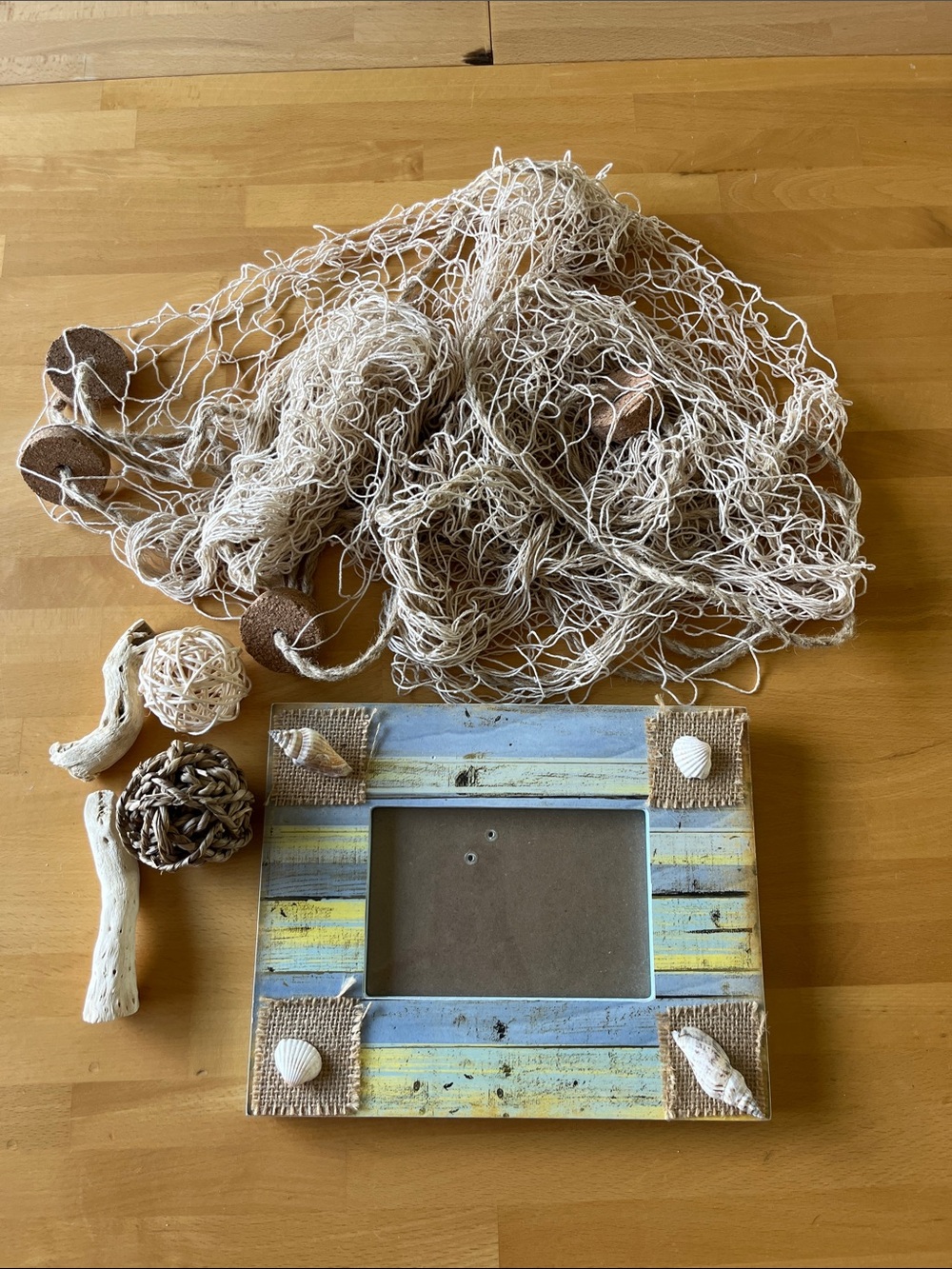 Hobby Lobby Coastal Blue and Yellow Distressed Wood Photo Frame and decor bundle